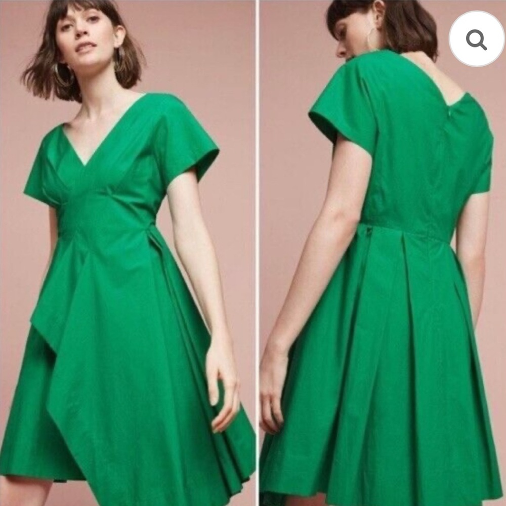 Maeve Anthropologie Green Asymmetrical V-Neck wrap pleated dress sz 4